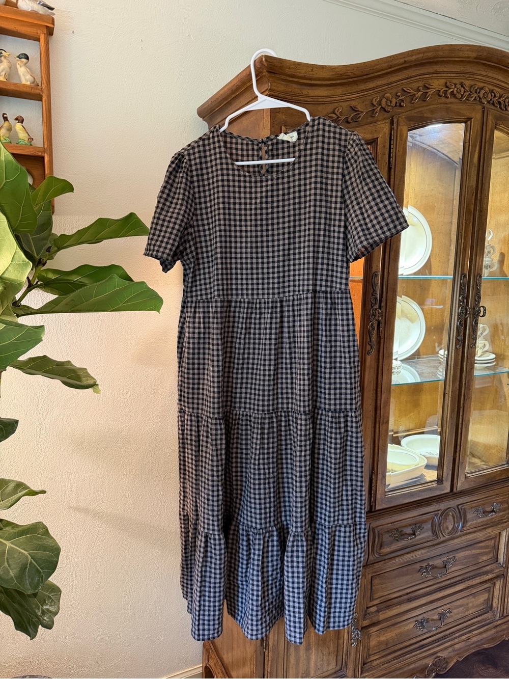 Tiered Gingham Midi Dress - Black and Cream